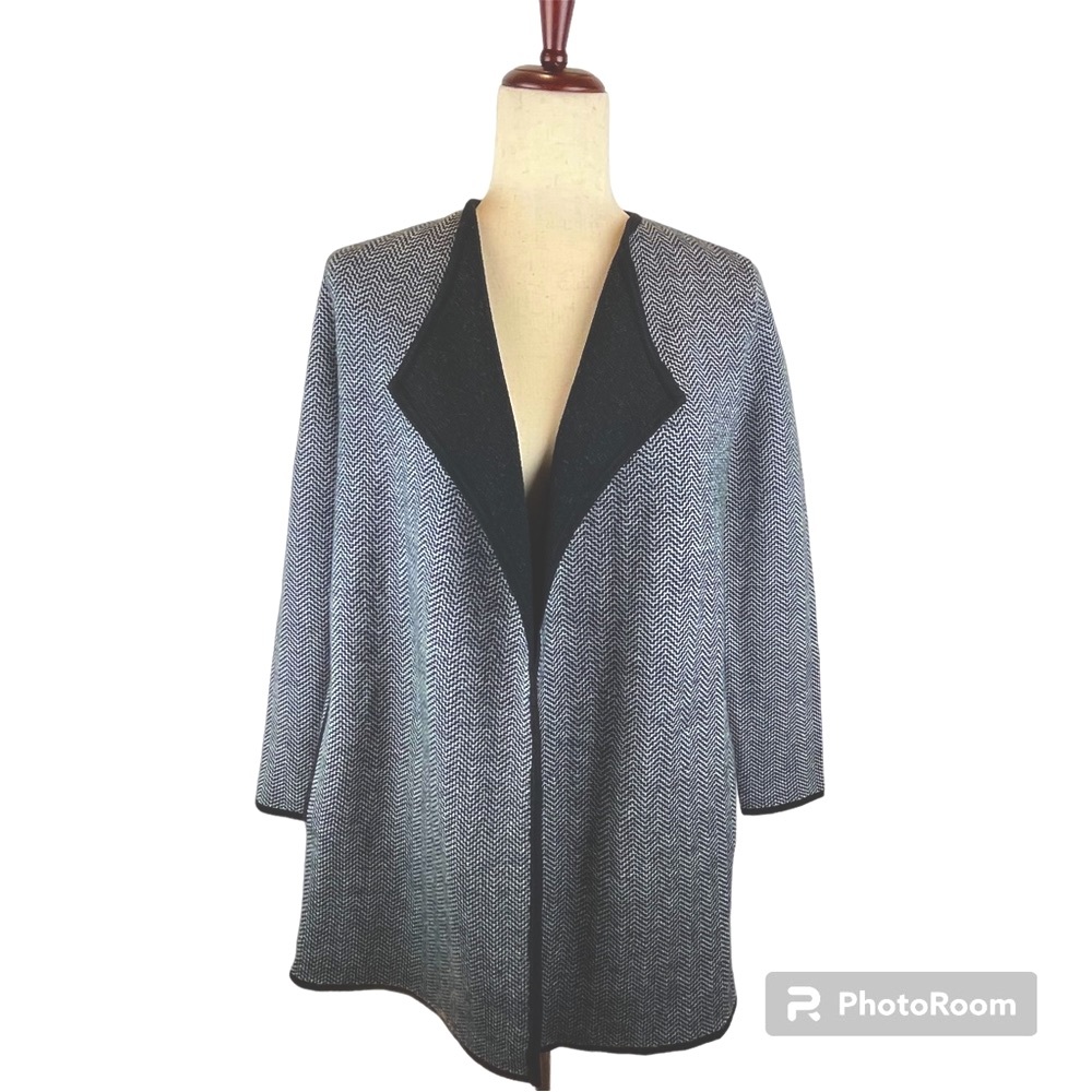 Talbots Herringbone Merino Wool Open Front Sweater Blazer Pockets Oversized SP
